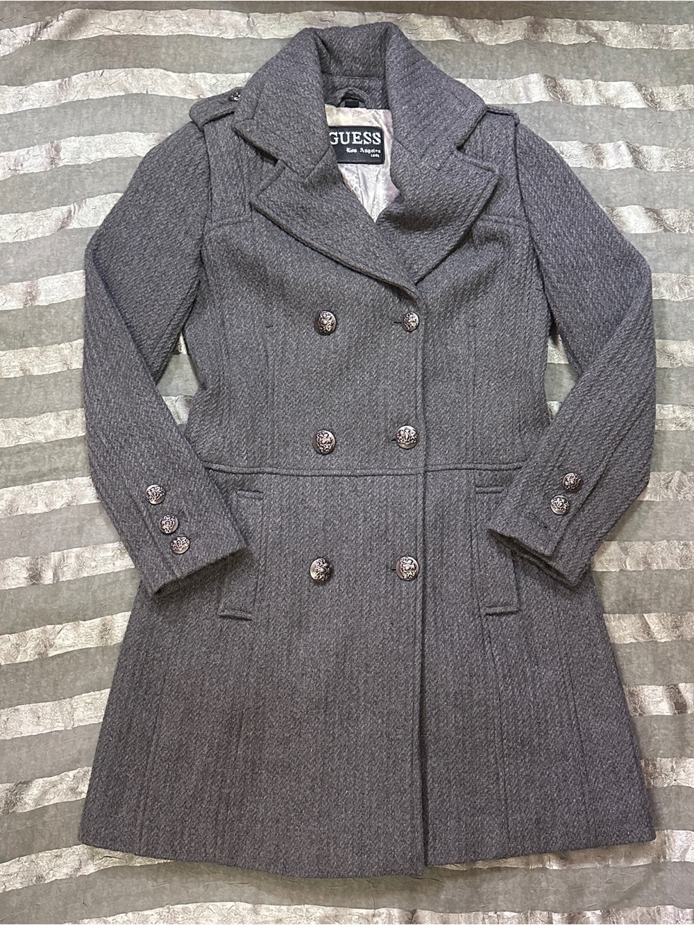 GUESS Women's Charcoal Gray Double-Breasted Pea Coat